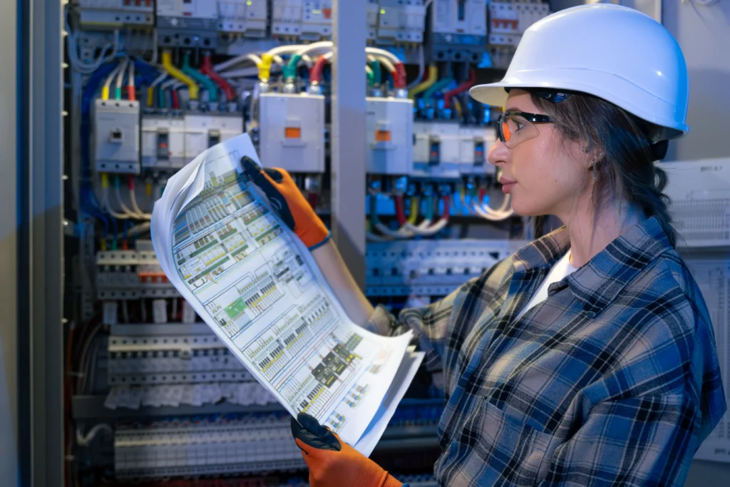 Elektryczka analizująca schemat instalacji przy otwartej rozdzielnicy elektrycznej