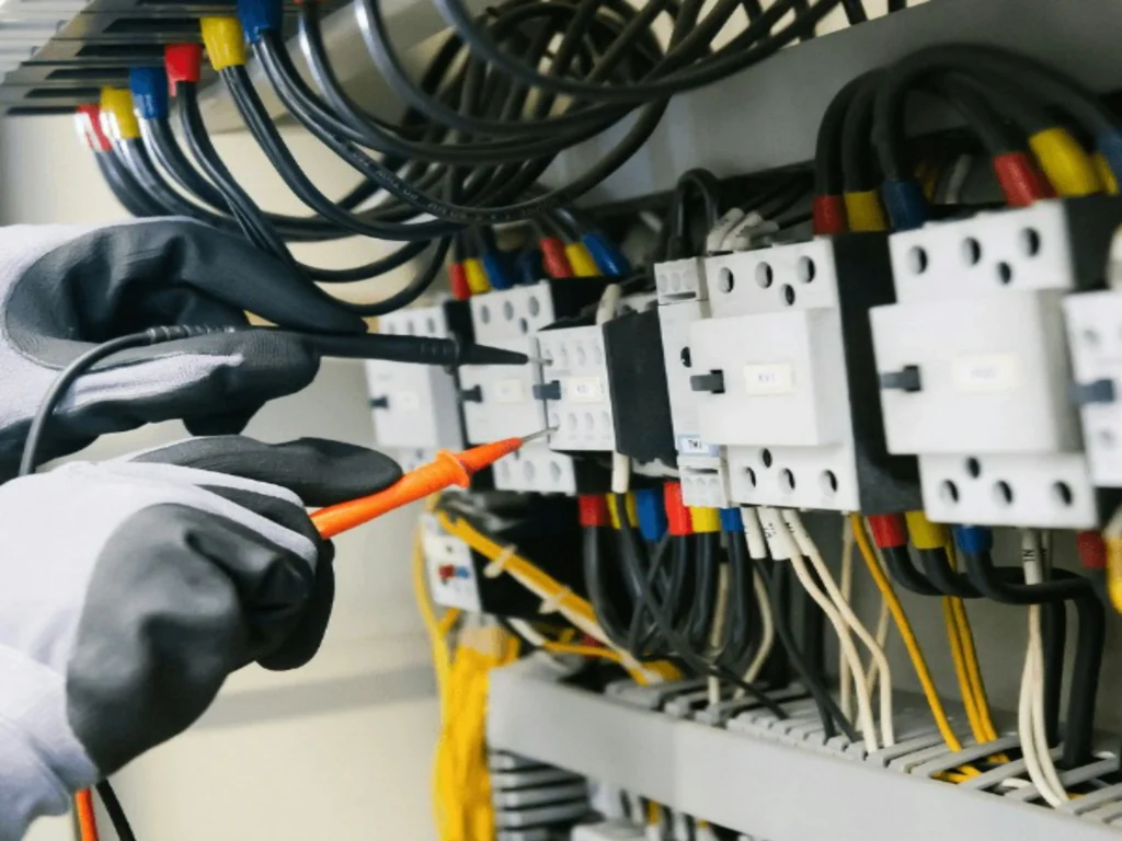 Elektryk w rękawicach ochronnych wykonujący pomiar w przemysłowej rozdzielnicy elektrycznej z licznymi kablami i stycznikami